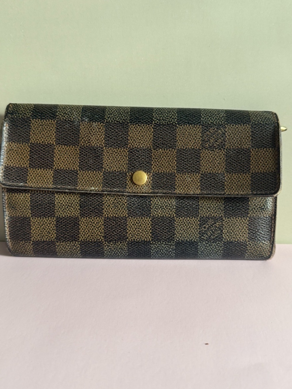 Louis Vuitton Damier Ebene Long Wallet Brown Snap Closure